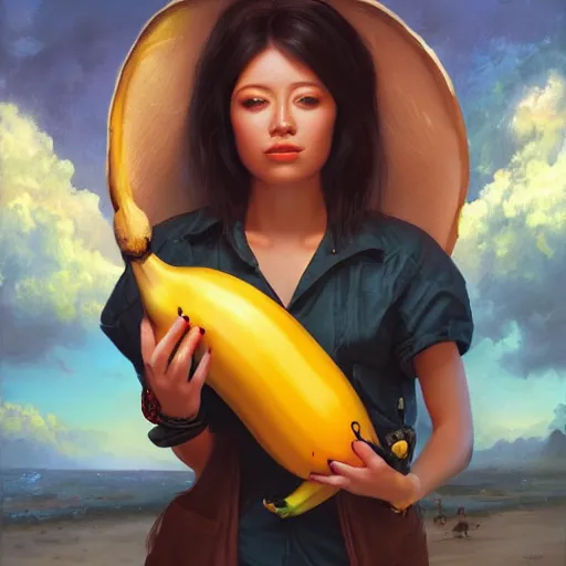 Image similar to portrait of a banana woman ( 3 5 ) from banana palm in 2 0 2 1, an oil painting by ross tran and thomas kincade