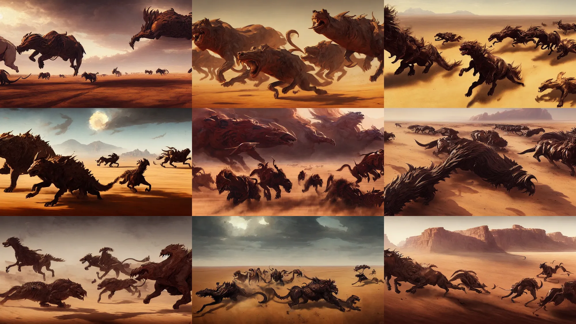 Prompt: beasts racing across the open desert, wide shot, fantasy art by greg rutkowski