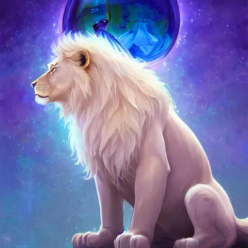Prompt: aesthetic portrait commission of a albino male furry anthro lion sleeping inside a holographic iridescent reflective bubble in the blue sky, cozy Atmosphere, hyperdetailed. Character design by charlie bowater, ross tran, artgerm, and makoto shinkai, detailed, inked, western comic book art, 2021 award winning painting