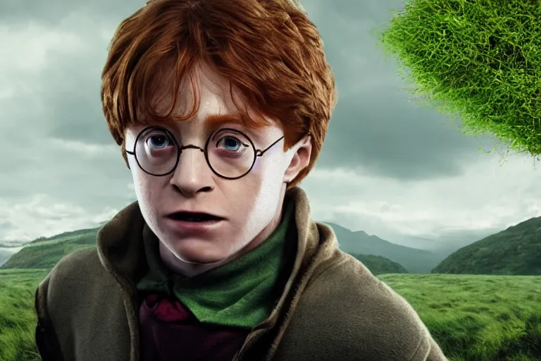 Image similar to an ultra realistic, cinematic, headshot portrait, of harry potter, ron weasley, hermoine granger as an avocado, fantasy, avocado, facial features, background of a vast serene landscape, with trees and rivers, detailed, deep focus, movie still, dramatic lighting, ray tracing, by michal karcz and yoshitaka amano