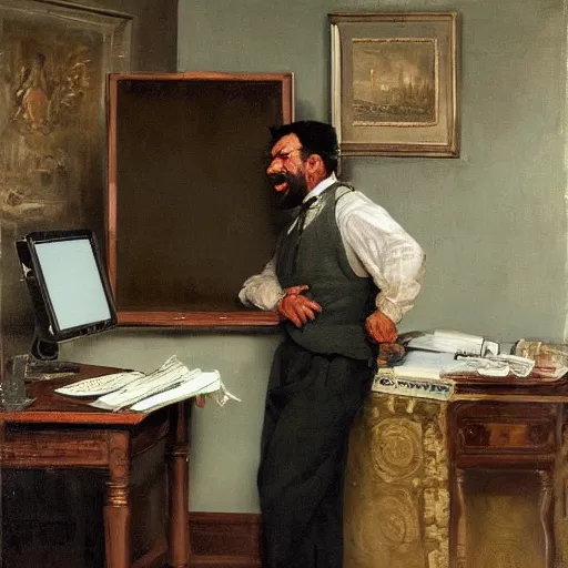 Image similar to an angry man yells at his computer monitor, oil on canvas, 1 8 8 3, highly detailed