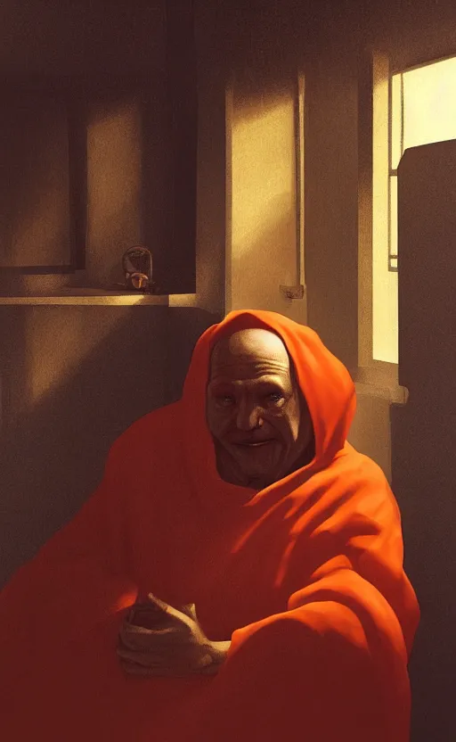 Image similar to portrait of an old monk, spaceship window, planet, orange robe, dramatic lighting, artstation, matte painting, johannes vermeer