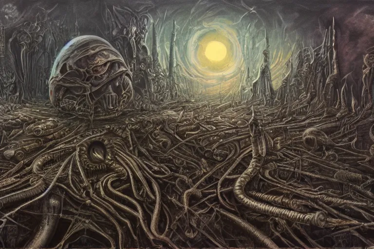 Prompt: h r giger inspired invasion of a desolated world, oil on canvas, rich colors, concept art, hd, 4 k