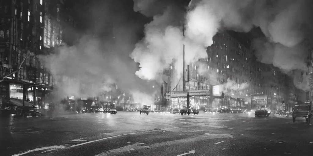 Image similar to a high resolution photo of a new york street at night on fire surrounded with smoke and cars with bright headlights by robert capa, realistic photo, leica, cinematic lighting, magnum award winning photograph, parallax photography,