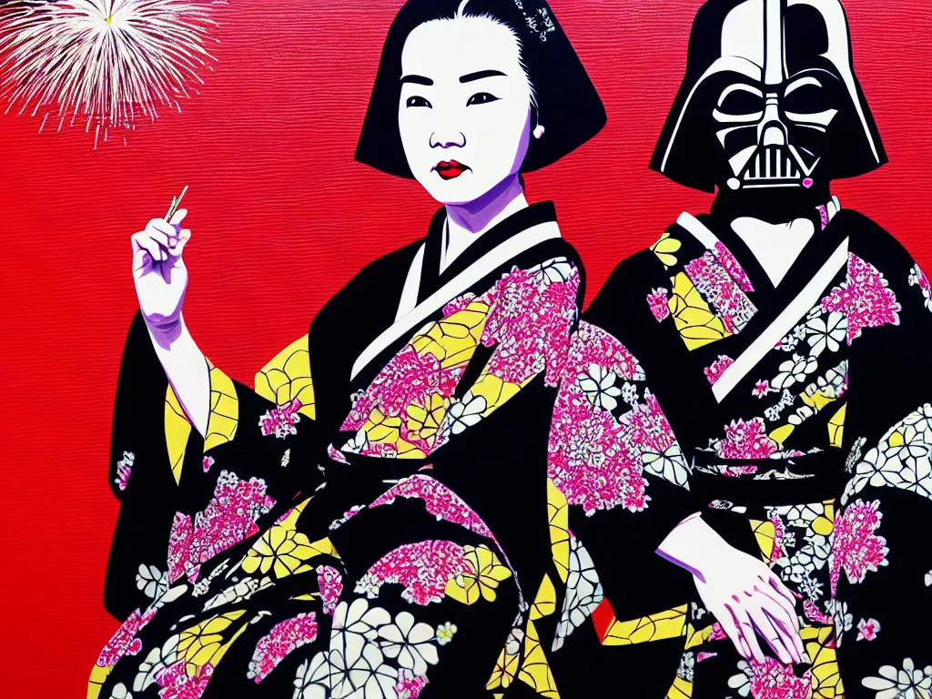 Image similar to hyperrealistic composition of the detailed woman in a japanese kimono sitting at a extremely detailed black jack table with hyperdetailed darth vader, fireworks, mountain fuji on the background, pop - art style, jacky tsai style, andy warhol style, acrylic on canvas