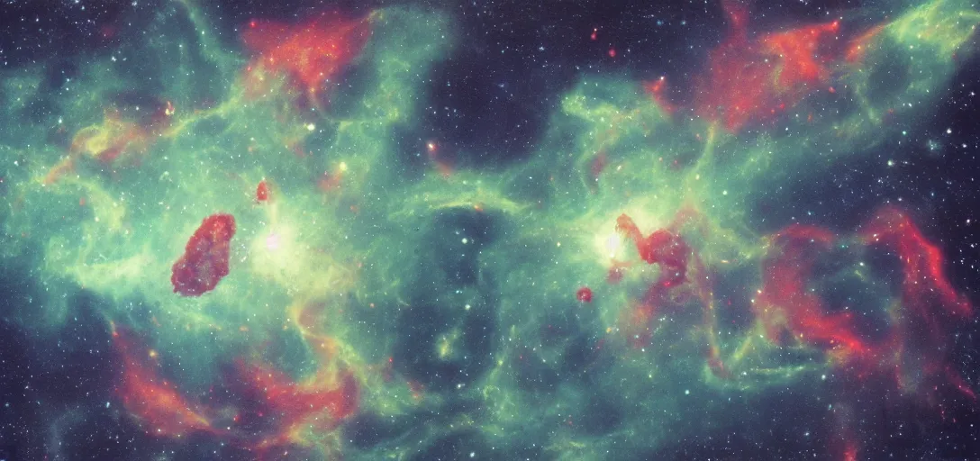 Prompt: a starsgip battle frozen in time in a courful nebulae, lasers blasting, in the style of roger dean
