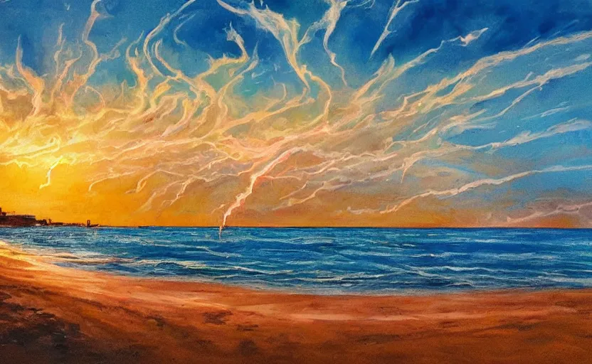 Image similar to sunny day at the beach blue sky big explosion on the horizon war apocalyptic realistic