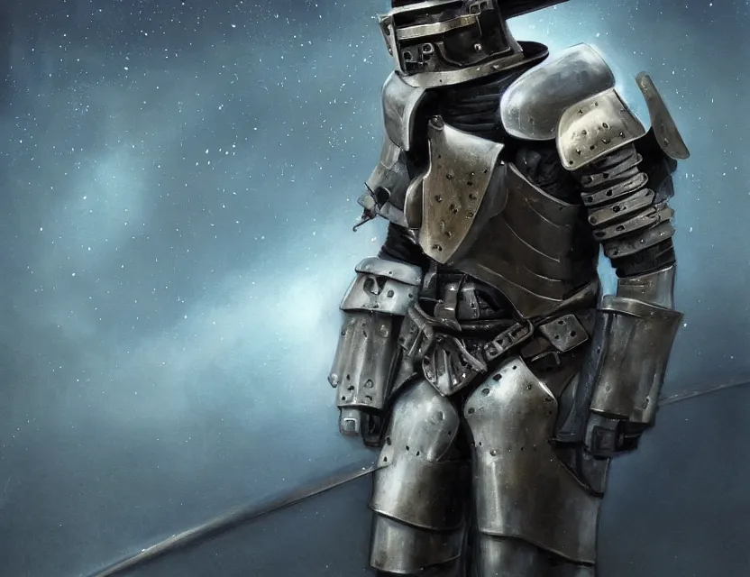 Prompt: a detailed portrait painting of a lone bounty hunter wearing combat armour and a reflective visor. Head and chest only. Dieselpunk elements. Movie scene, cinematic sci-fi scene. Flight suit, cloth and metal, accurate anatomy. Samurai influence, knight influence. fencing armour. portrait symmetrical and science fiction theme with lightning, aurora lighting. clouds and stars. Atmospheric. Futurism by moebius beksinski carl spitzweg moebius and tuomas korpi. baroque elements. baroque element. intricate artwork by caravaggio. Oil painting. Trending on artstation. 8k