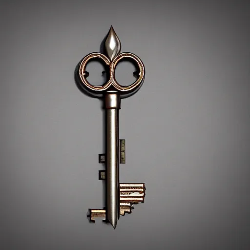 Prompt: a highly detailed key item, key is on the center of image, key has metal and wooden elements, point and click game inventory item, very detailed, on the solid white color background without shadows, high poly vray render, stylised textures, trending on artstation