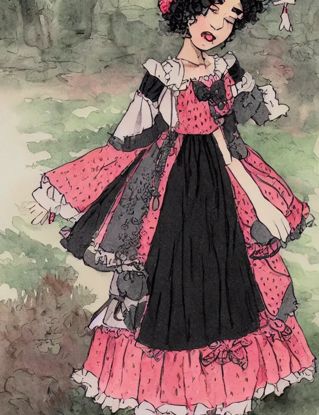 Image similar to black - skinned princess of the strawberry cream valley, wearing a lolita dress. this heavily stylized watercolor painting by an indie comic artist has interesting color contrasts, plenty of details and impeccable lighting.