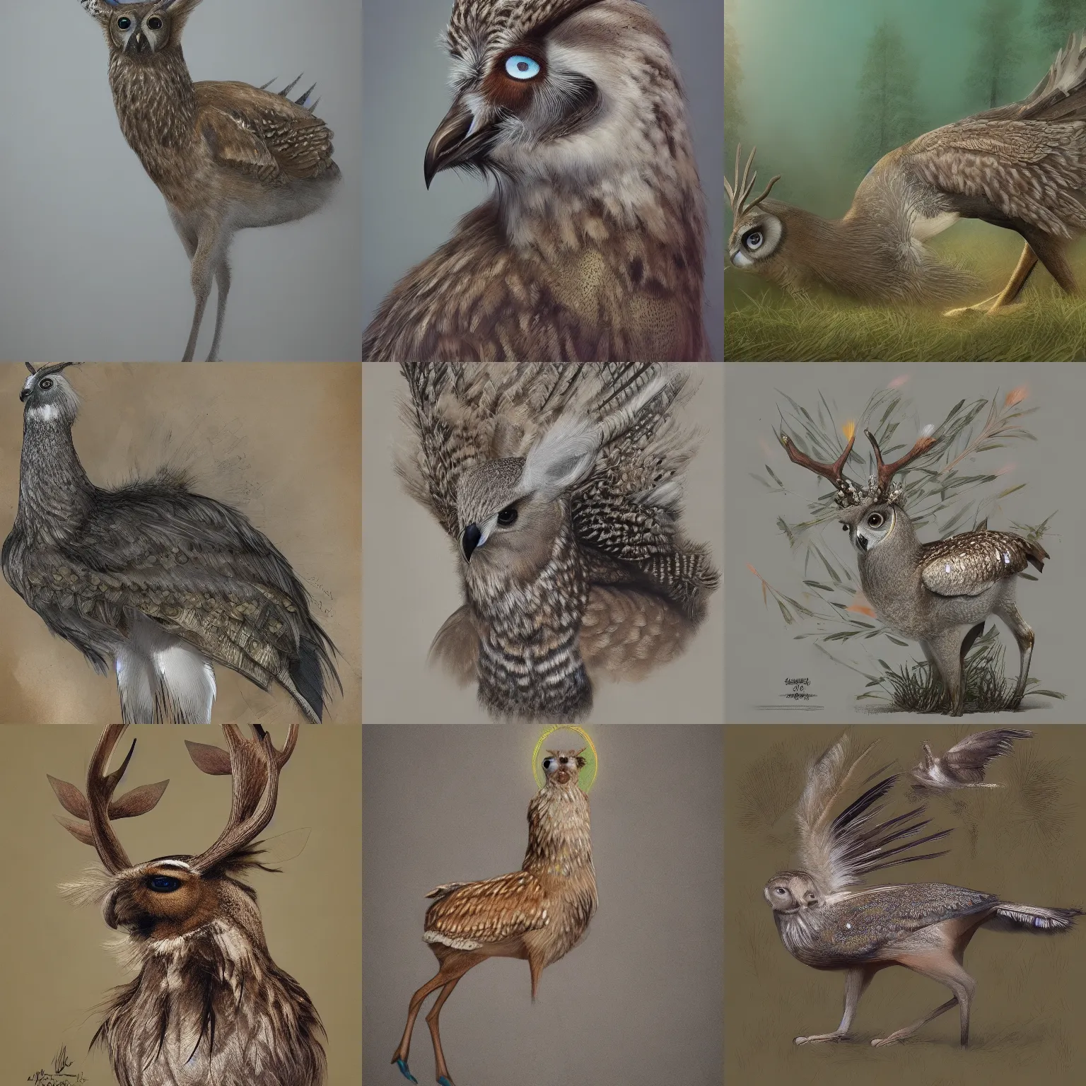 Prompt: a feathered deer with bird feathers, national geographic, owl feathers, trending on artstation, highly detailed, full body