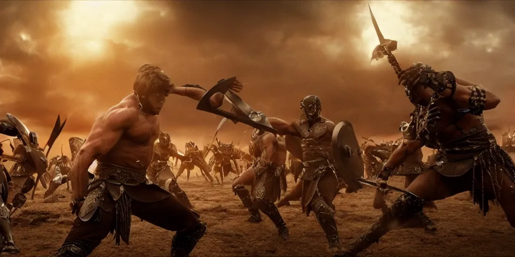 Image similar to epic battle screen of hero, film still from the movie'3 0 0'( 2 0 0 6 ), 3 d, 8 k realistic, cryengine, playstion 5 screen, cinematic lighting