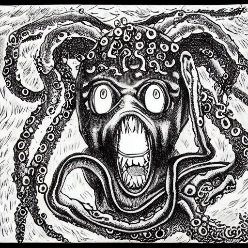 Image similar to a horrifying corgi demon with many eyes and tentacles, detailed manga drawing by junji ito, kentaro miura