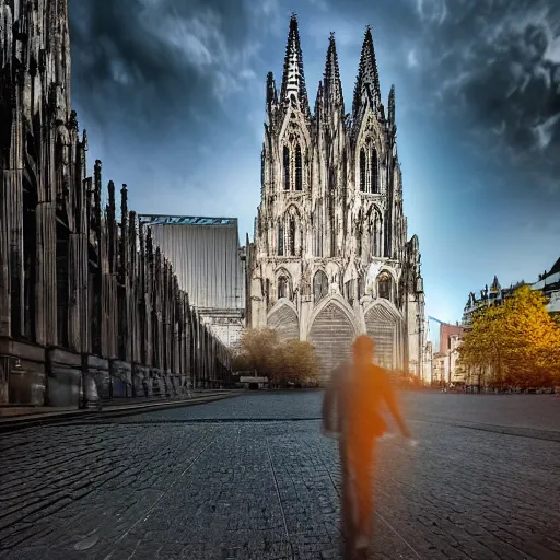 Prompt: the terminator walking next to the cathedral of cologne, germany, volumetric lighting, sharp focus, ultra detailed, cgsociety - w 1 0 2 4 - n 8 - i