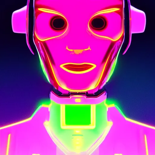 Image similar to a portrait of futuristic robot posed in front of a neon background, digital art in the style of greg rutkowksi trending on artstation