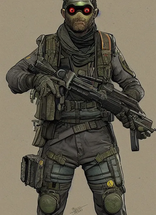 Prompt: apex legends sam fisher. concept art by james gurney and mœbius.