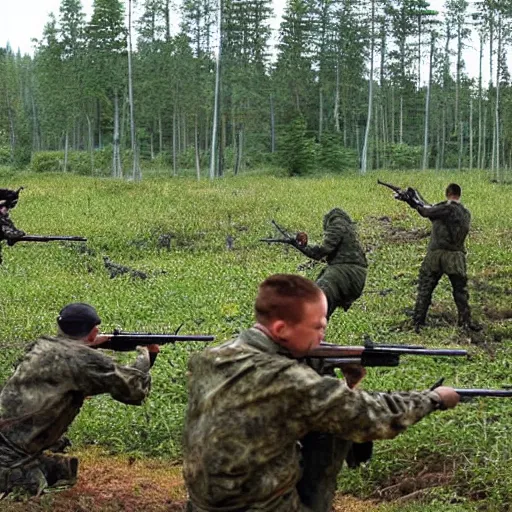 Prompt: “ soldiers shooting at frogs in finnish forest, trees, swamp ”