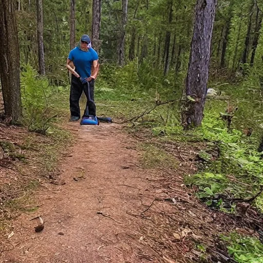 Image similar to trail cam footage of someone vacuuming a trail