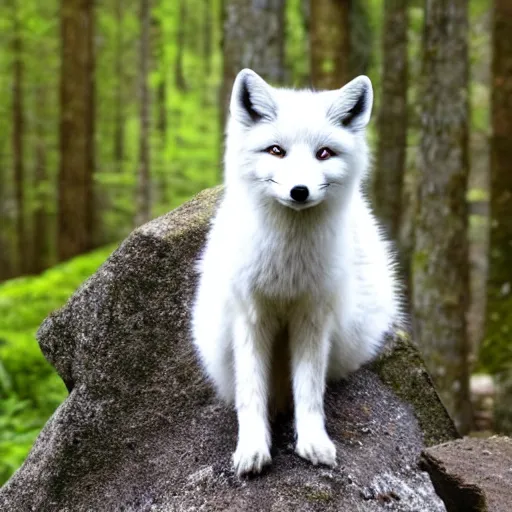 Image similar to well fluffy white fox on rock, forest, snowy, photo