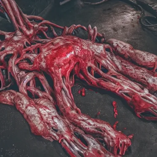 Prompt: a red gory hostile structure of intertwined decaying muscles, eyes, sharp teeth, and intestines lying in a pool of clotting blood, slowly engulfing its surroundings with twitching veins and bloody intestines, dark hazy room, a high-quality photo, hyperrealistic, vibrant colors