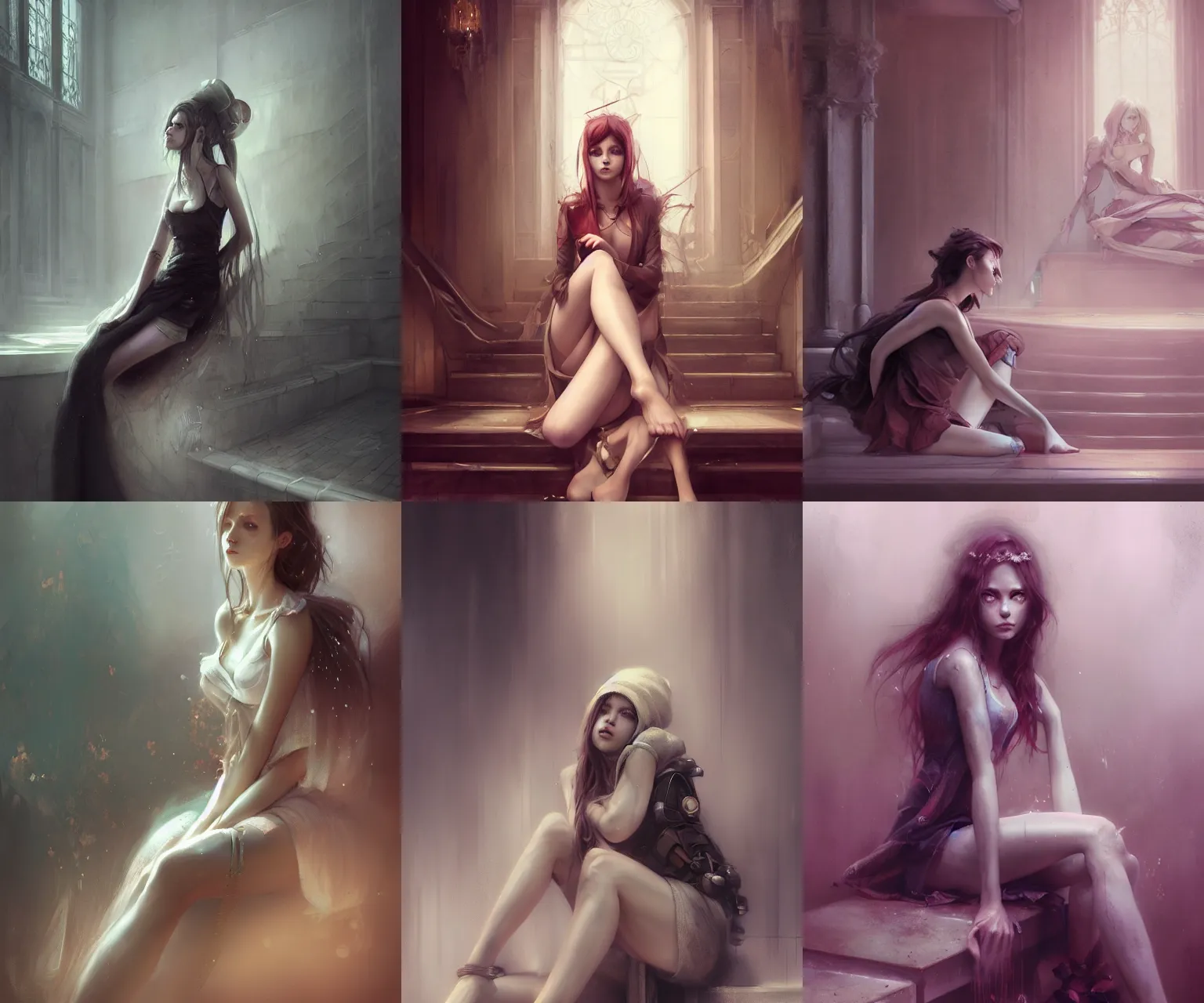 Prompt: beautiful girl by bastien lecouffe deharme and wlop, portrait digital painting of a beautiful girl wearing high fashion clothing, sitting on a grand staircase, unreal engine, hyper realism, realistic shading, cinematic composition, blender render, octane render, hdr, detailed textures, photorealistic, ultrawide shot, 3 5 mm film, art by ghibli