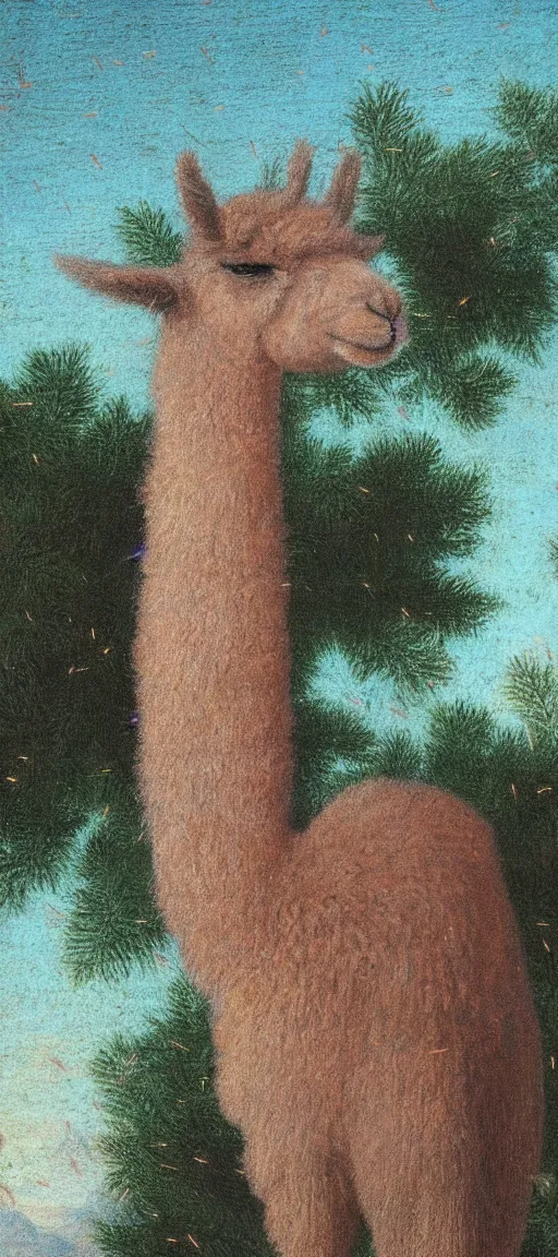 Prompt: detailed renaissance oil painting of an alpaca standing on a building standing in the forest of pastel feathers lit by small fireflies at night