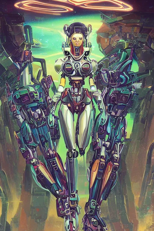 Image similar to attractive biomechanical female mecha in feminine pose on a hyper-maximalist overdetailed retrofuturist scifi bookcover illustration from '70s. Inspired by gundam and shadowrun book cover illustrations. Biopunk, solarpunk style. Daytime. Made by echo chernik. Artstation.