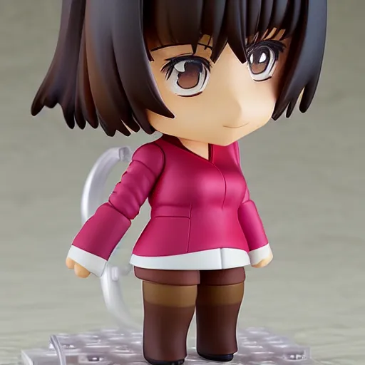 Image similar to nendoroid of a tan middle aged woman with dark long wavy hair, brown eyes, pink lipstick