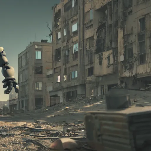 Image similar to small 2 fingered robot exploring abandoned city in the apocalypse, 4k cinematic shot, cute