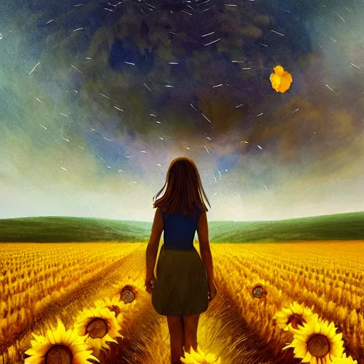 Image similar to giant sunflower face, girl walking in wheat field, hills, surreal photography, dark night, star trails, dramatic light, impressionist painting, clouds, digital painting, artstation, simon stalenhag