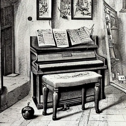 Prompt: old painting old piano, dot art, crosshatch, by pieter bruegel the elder