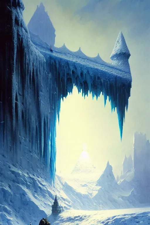 Image similar to castle of ice by bruce pennington and gustave courbet, 4 k, hd, amazing details, sharp focus, post - processing, smooth, sharp focus, artstation hd, by greg rutkowski