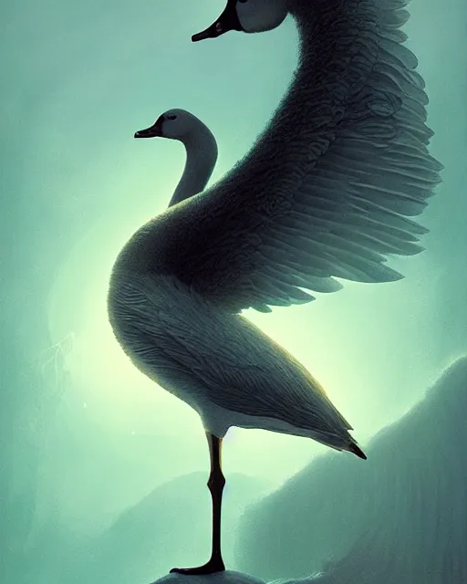 Prompt: complete and delicate portrait of a goose, beautiful, agile, fairy, myth, legend, detailed, trending on artstatioin, light effects, kilian eng, john harris, bastien lecouffe - deharme