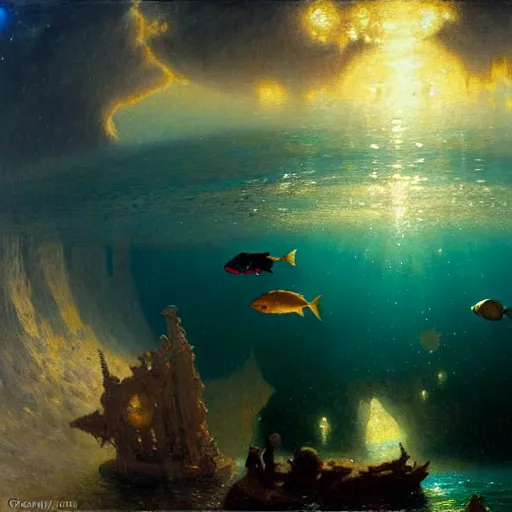 Image similar to point of view of deep in the ocean looking up, you see fishes, higher the milk way, night time, midnight. highly detailed painting by gaston bussiere, greg rutkowski 8 k