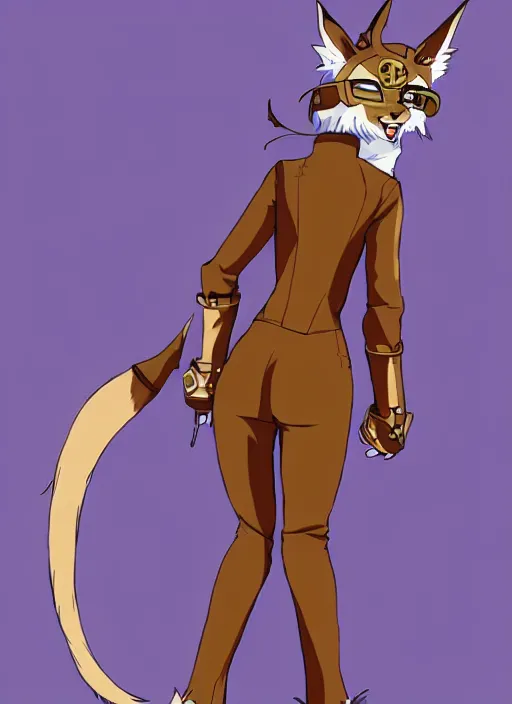 Image similar to the full body of anthropomorphic lynx fursona from behind wearing a steampunk suit, anime, manga