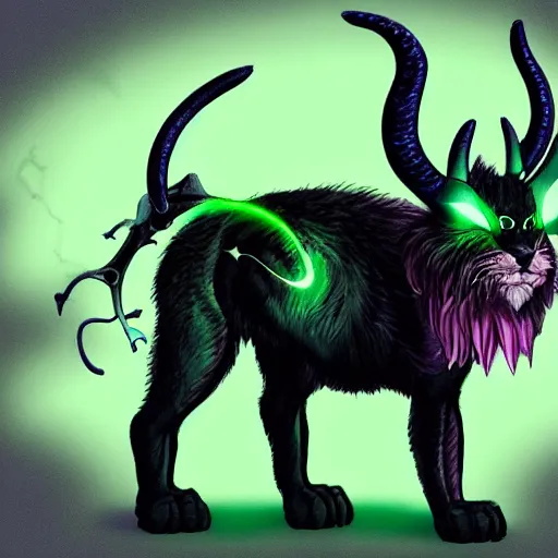 Prompt: scientifically accurate alien species of bipedal feline warriors with three horns, green fur, black and green eyes, and ambient energy fields