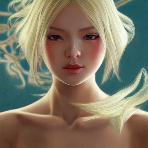 Image similar to Blonde Girl from Yakuza with thin lips, pronounced cheekbones, hair of medium length (longer caret), highly detailed, digital painting, artstation, concept art, smooth, sharp focus, illustration, ArtStation, art by artgerm and greg rutkowski and alphonse mucha and J. C. Leyendecker and Edmund Blair Leighton and Katsuhiro Otomo and Geof Darrow and Phil hale and Ashley wood and Ilya repin and Charlie Bowater