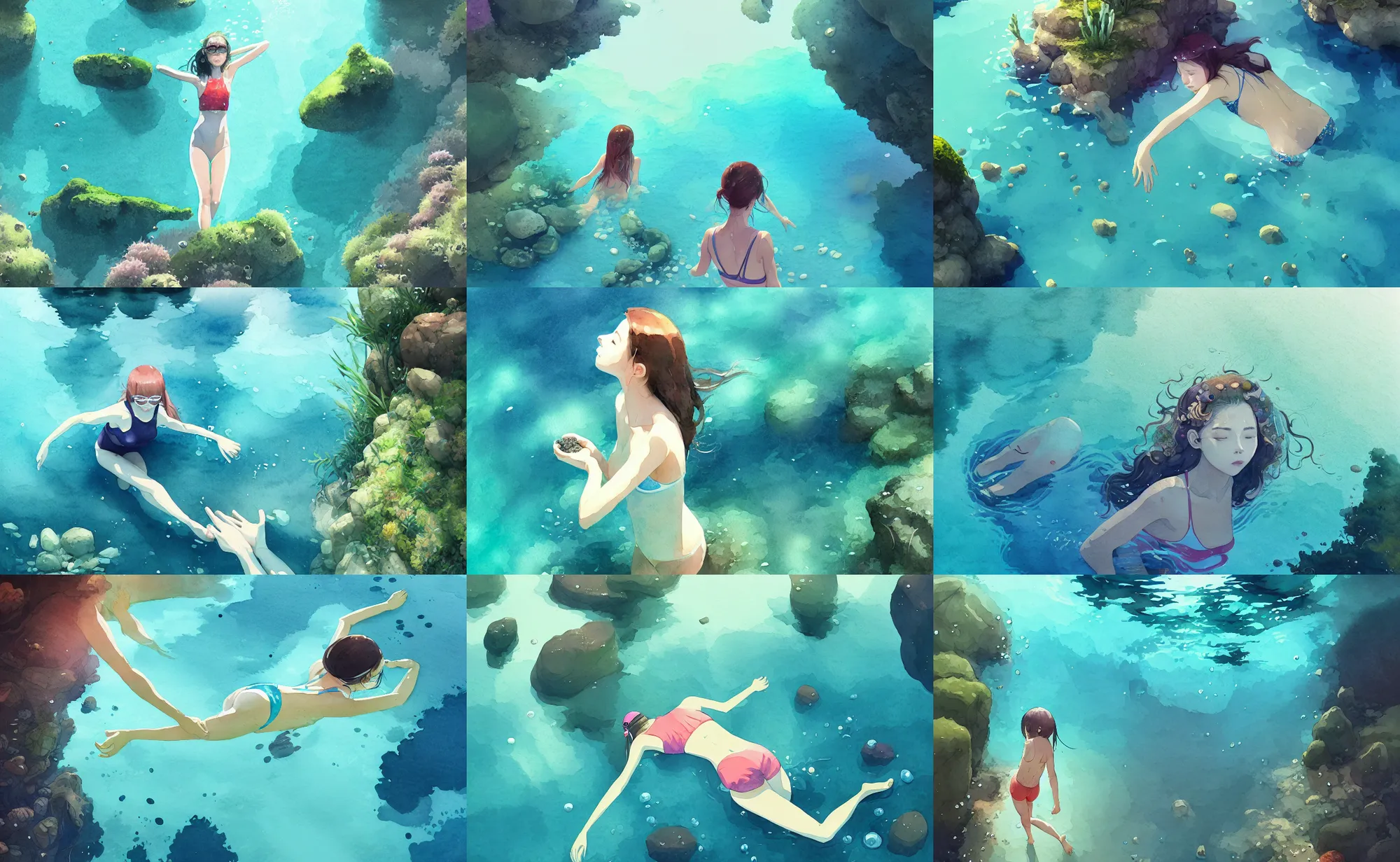 Prompt: one girl backstroke swimming in crystal clear water wearing everyday clothes, rocks, gravel, underwater plants, moss, digital art, illustration, fun vibrant watercolor, wenjun lin, studio ghibli, pixiv, high angle, moody lighting, faceless, reflections, refractions, full body