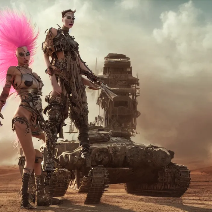 Image similar to beautiful realistic apocalyptic woman with pink Mohawk, standing on mad max panzer tank, 4k ultra hd, fantasy dark art, tank girl, artstation, octane render