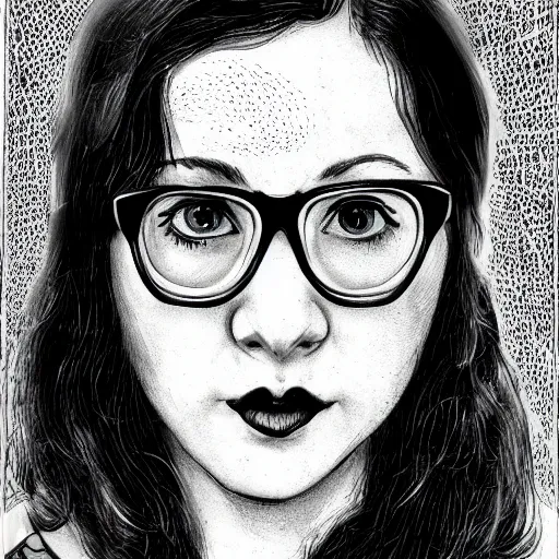 Prompt: a nerdy young woman with big glasses, character portrait, ink drawing, black and white, concept art by tim bradstreet