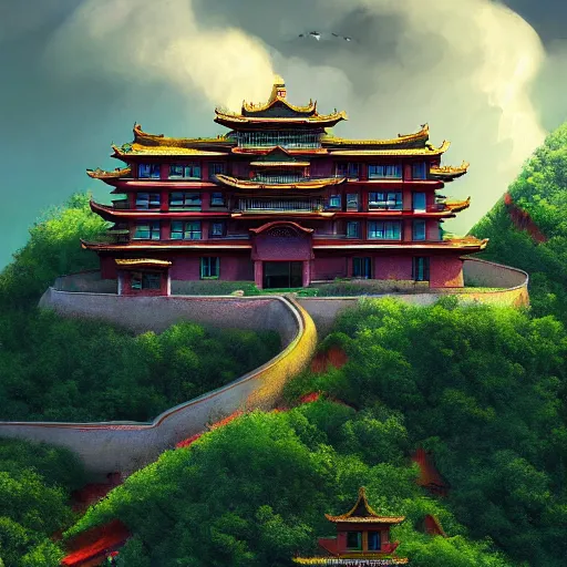 Image similar to house inspired by a tibetan palace on a hill, big green trees, colorful clouds, dramatic lighting, artstation, matte painting, raphael lacoste, simon stalenhag, frank lloyd wright