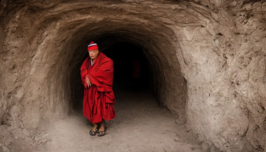 Image similar to a tibetan man in a flesh barque in a tiny tunnel of root, leica sl 2