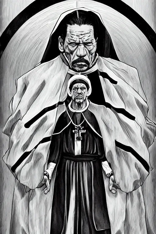 Image similar to portrait of Danny Trejo as church nun, highly detailed, artstation, manga illustration by Kentaro Miura berserk