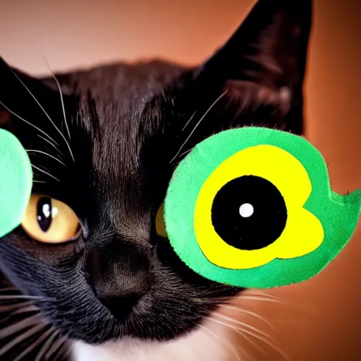 Prompt: a small cute black cat with big green and yellow eyes, wearing a tiny hat, cute art style,