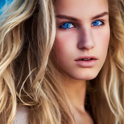 Prompt: Close up 35mm nikon photo of the left side of the face of a young blond model with gorgeous eyes and wavy long blond hair, who looks directly at the camera. ,.