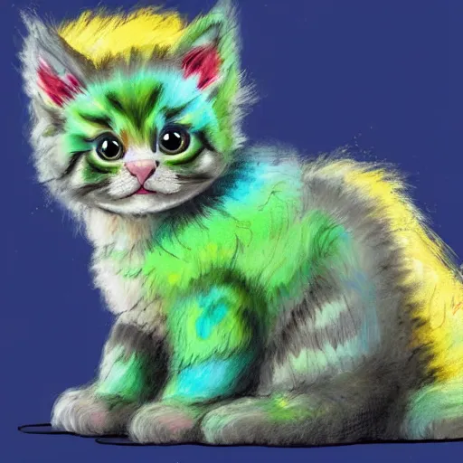 Image similar to wide angle full body, of a fluffy cute rainbow kitten wearing a black motorcycle jacket, concept art