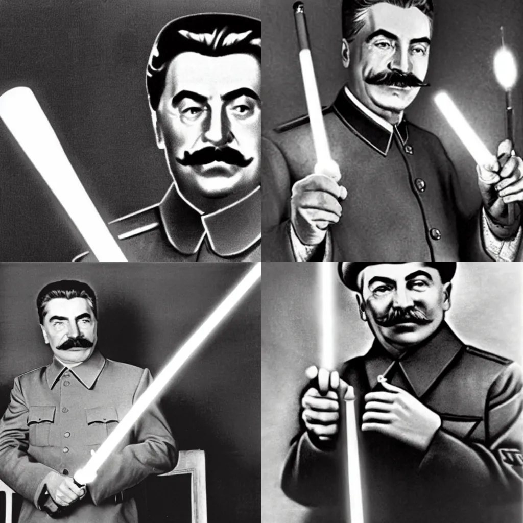 Prompt: joseph stalin holding a light saber