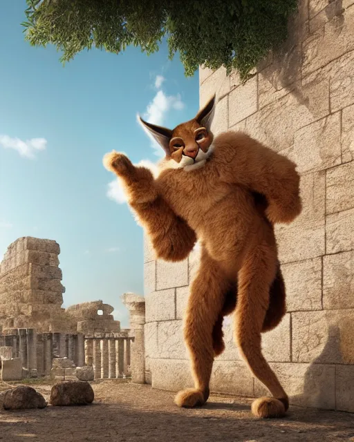 Image similar to fullbody photo of humanoid cute fluffy caracal dressed in toga, sun behind him, ancient greek city, sunny day, by ilya kuvshinov, rtx rendering, octane render 1 2 8 k, maya, extreme high intricate details by tom bagshaw, medium shot, composition by sana takeda, lighting by greg rutkowski