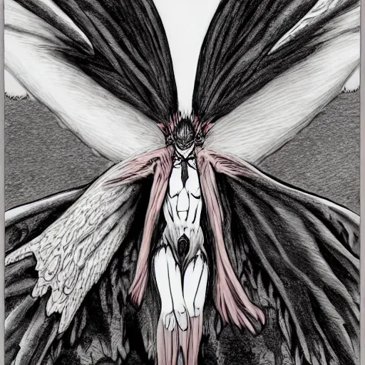 Image similar to 4K headshot of mothman holding something and bloody clothes with giant wings , intricate face , flawless anime cel animation by Kentaro Miura,psychedelic , highly detailed upper body , professionally post-processed , beautiful, scary, symmetry accurate features, epic, octane rendered, anime masterpiece, accurate