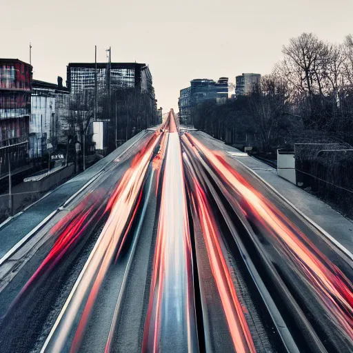 Image similar to a stunning aesthetic wallpaper of a city highway full of traffic with a train track and bus lane nearby, photograph by clemens ascher, 8 k, soft focus, cinematic lighting, trending on flicker, super resolution.